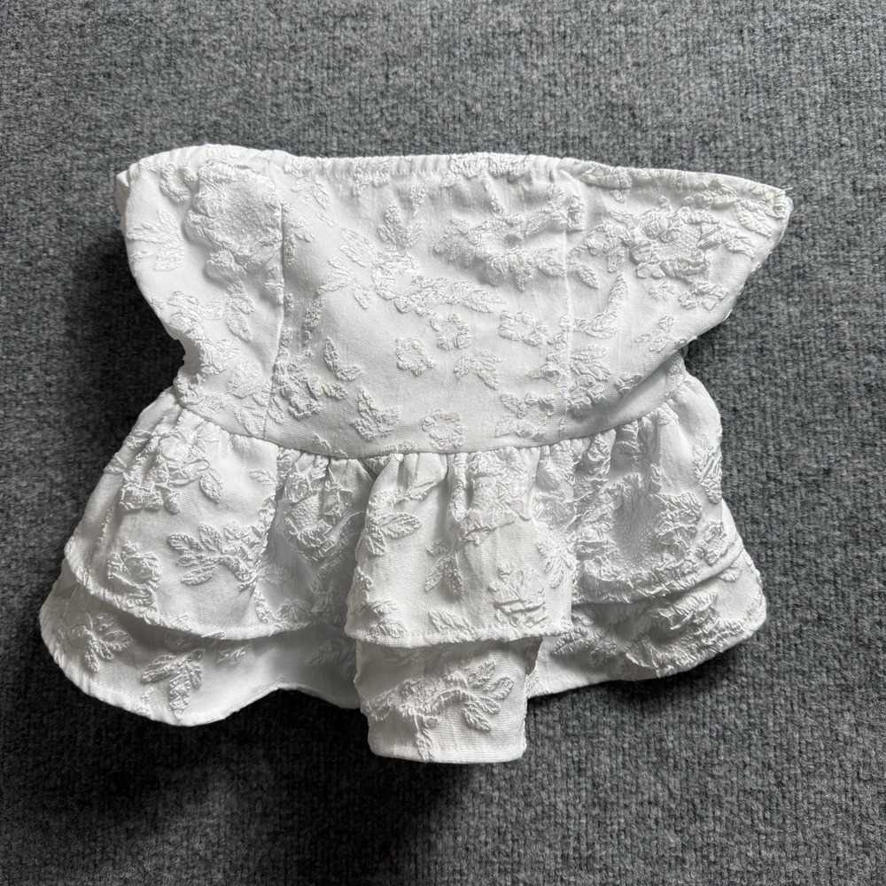 Women's Boho White Knit Tie Back Eyelet Peplum Strapless Tube Top Size Small